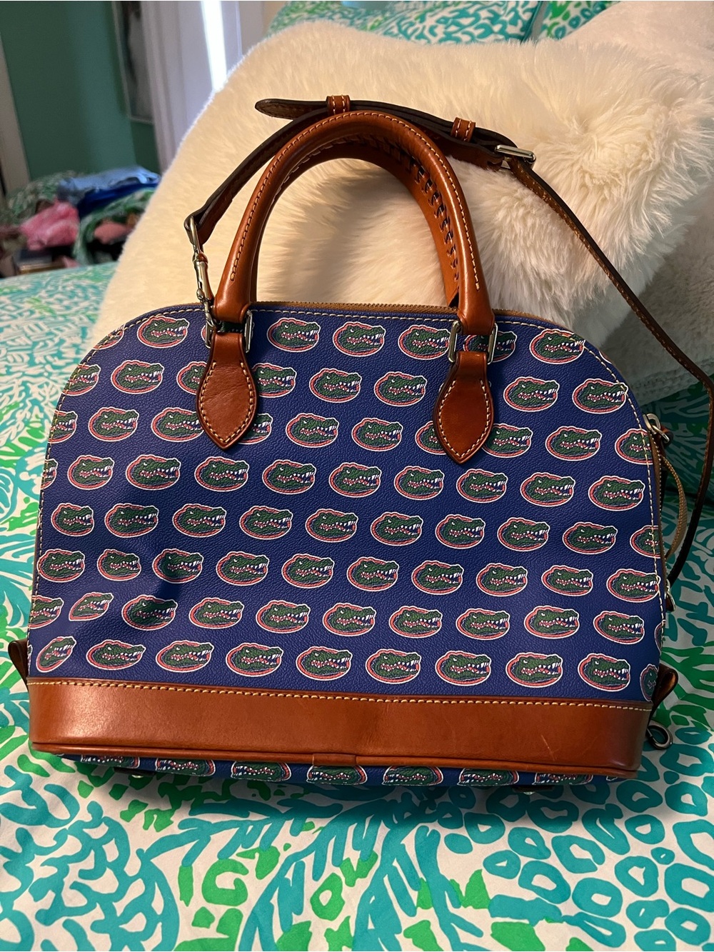 Dooney & Bourke | University of Florida | Navy Satchel with Brown Leather Trim